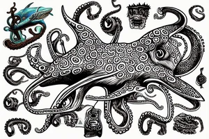 an octopus made out of jimmy hendrix's guitar riding a shark through a coral reef tattoo idea