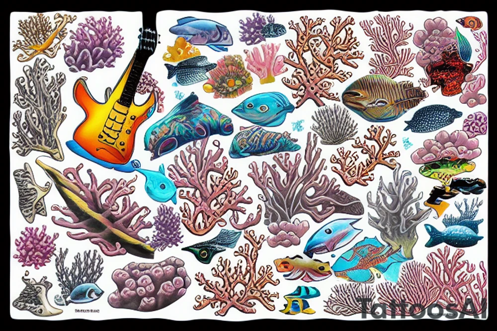 an electric guitar swimming through a coral reef tattoo idea