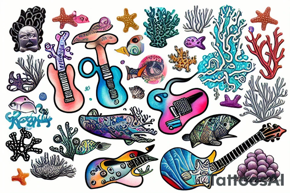 an electric guitar swimming through a coral reef tattoo idea