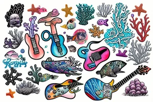 an electric guitar swimming through a coral reef tattoo idea