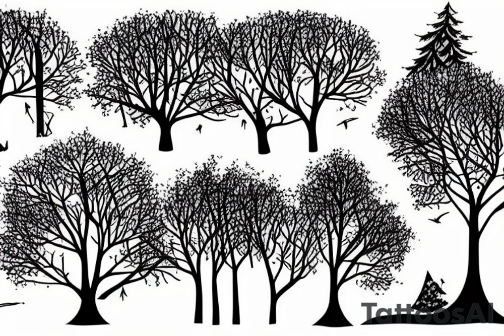 Trees in a forest with crows flying tattoo idea