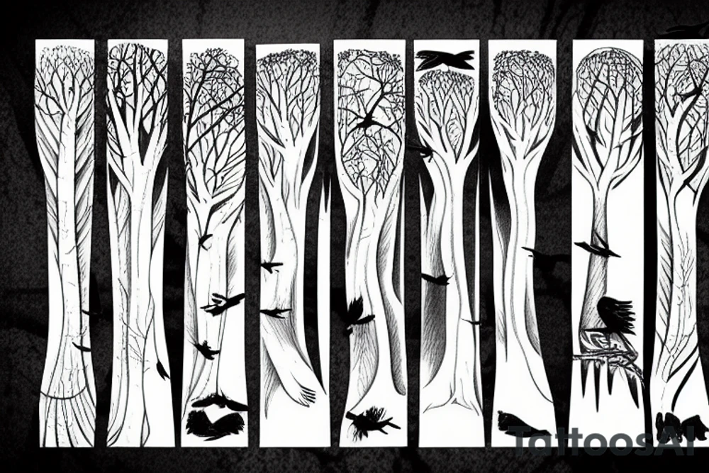 Trees in a forest with crows flying tattoo idea