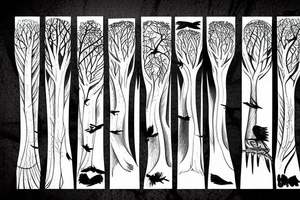 Trees in a forest with crows flying tattoo idea