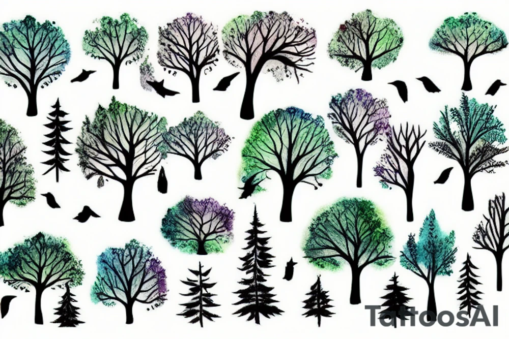 Trees in a forest with crows tattoo idea
