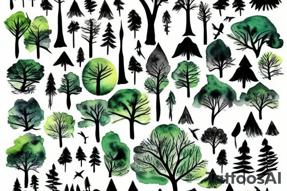 Trees in a forest with crows tattoo idea