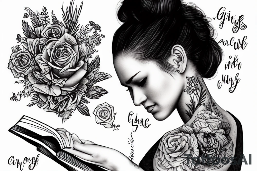 girl with messy bun reading a book tattoo idea