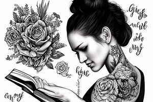 girl with messy bun reading a book tattoo idea