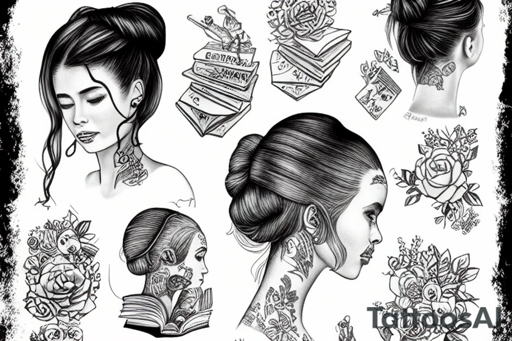 girl with messy bun reading a book tattoo idea