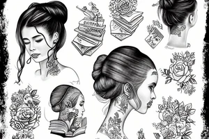 girl with messy bun reading a book tattoo idea