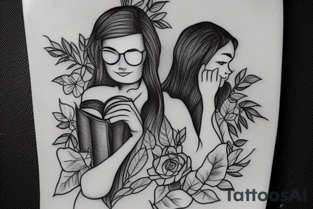 girl reading a book in forest tattoo idea