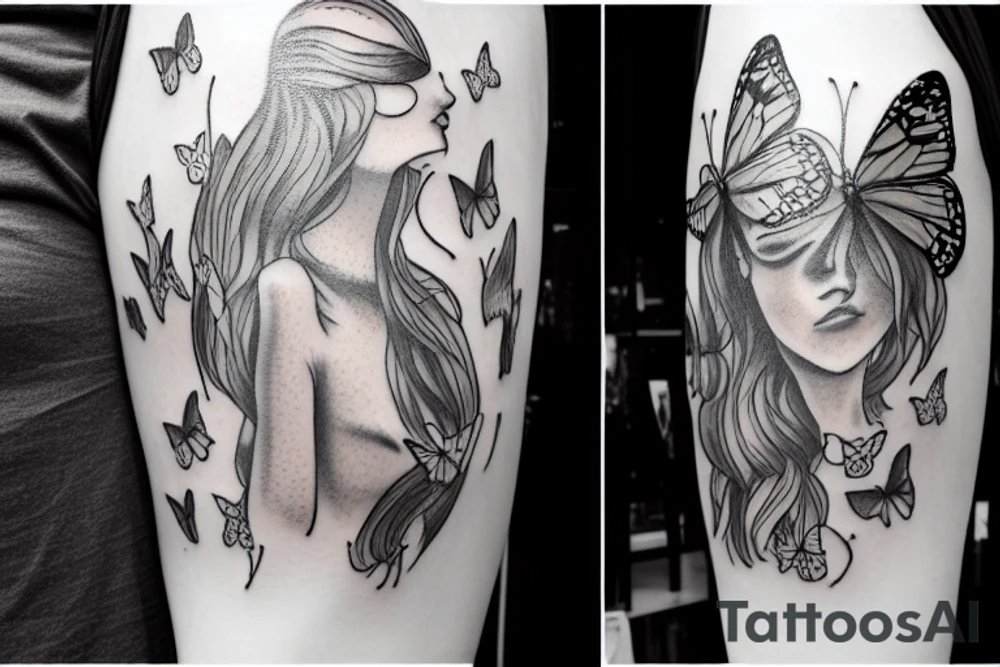 girl walking in a fantasy forest with butterflies around her tattoo idea