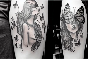 girl walking in a fantasy forest with butterflies around her tattoo idea