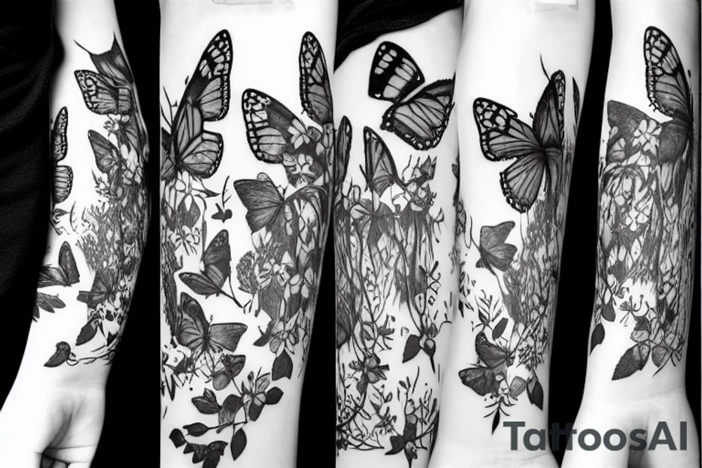 girl walking in a fantasy forest with butterflies around her tattoo idea
