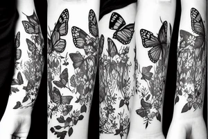 girl walking in a fantasy forest with butterflies around her tattoo idea