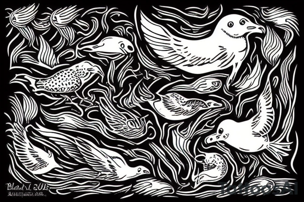 Sea gull and sea lion enjoying a bonfire tattoo idea