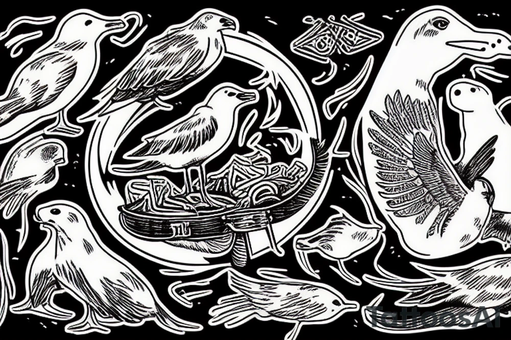 Sea gull and sea lion enjoying a bonfire tattoo idea