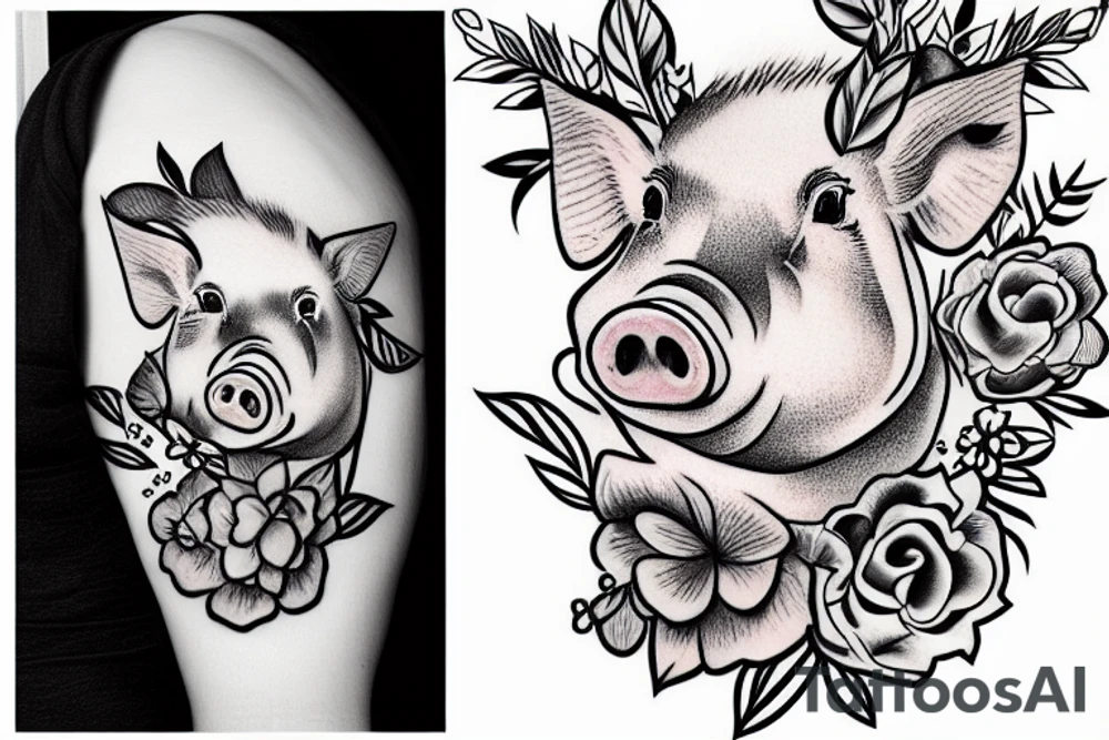 cute pig with flowers tattoo idea