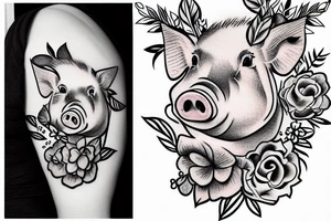 cute pig with flowers tattoo idea