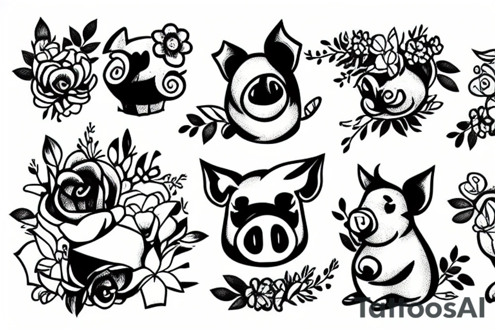 cute pig with flowers tattoo idea