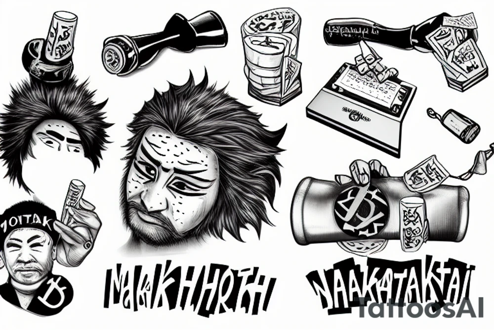 satoshi nakamoto kicks a moneyprinter and drinks champagne tattoo idea