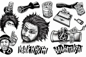 satoshi nakamoto kicks a moneyprinter and drinks champagne tattoo idea