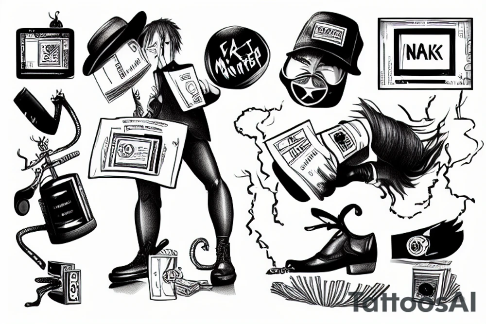 satoshi nakamoto kicks a moneyprinter and drinks champagne tattoo idea