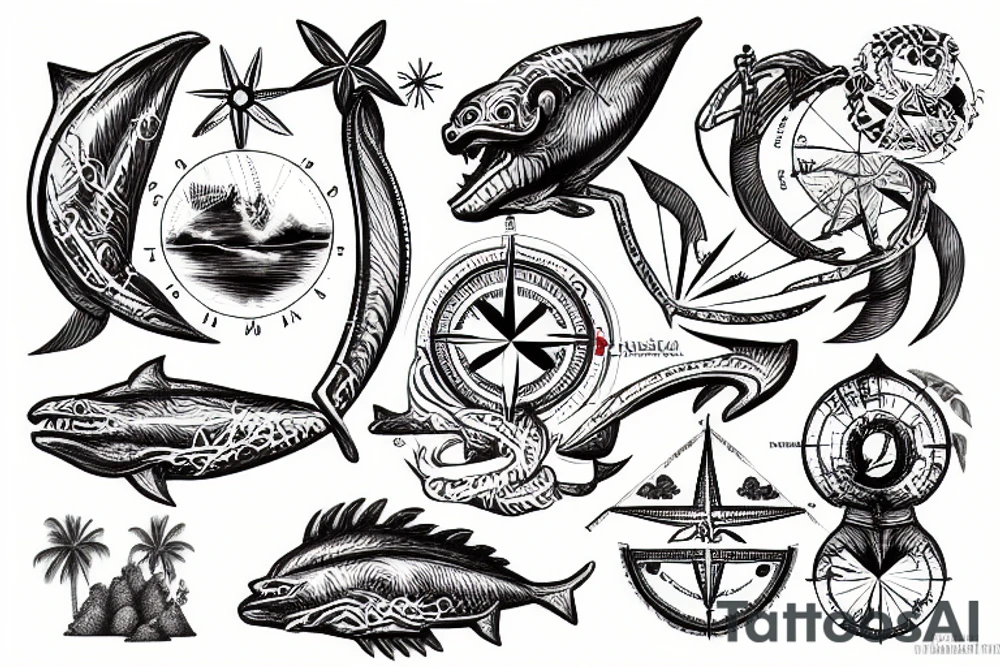 Map of french polynesia with compass and old time sea monsters tattoo idea