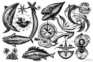 Map of french polynesia with compass and old time sea monsters tattoo idea