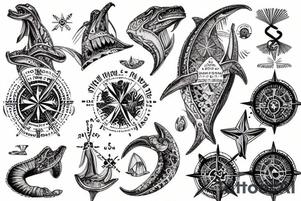 Map of french polynesia with compass and old time sea monsters tattoo idea