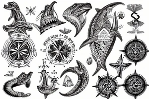 Map of french polynesia with compass and old time sea monsters tattoo idea