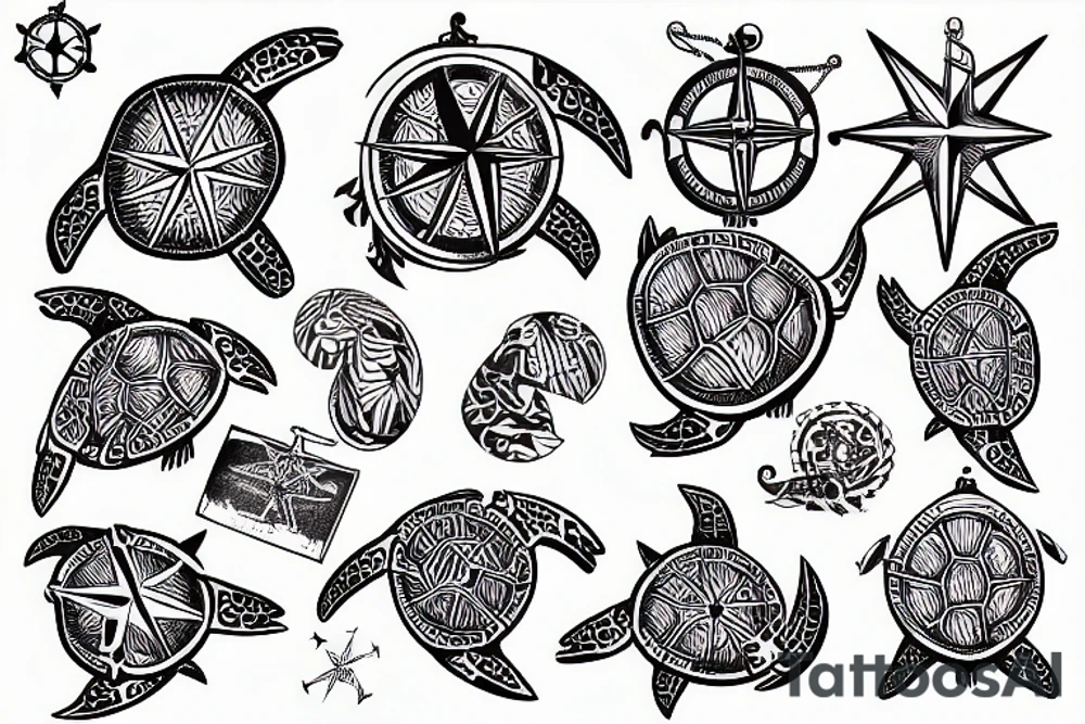 Nautical Map of french polynesia with compass sea turtles tattoo idea