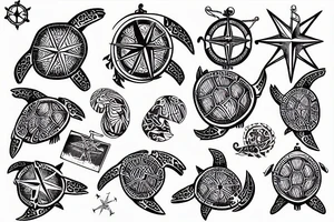 Nautical Map of french polynesia with compass sea turtles tattoo idea