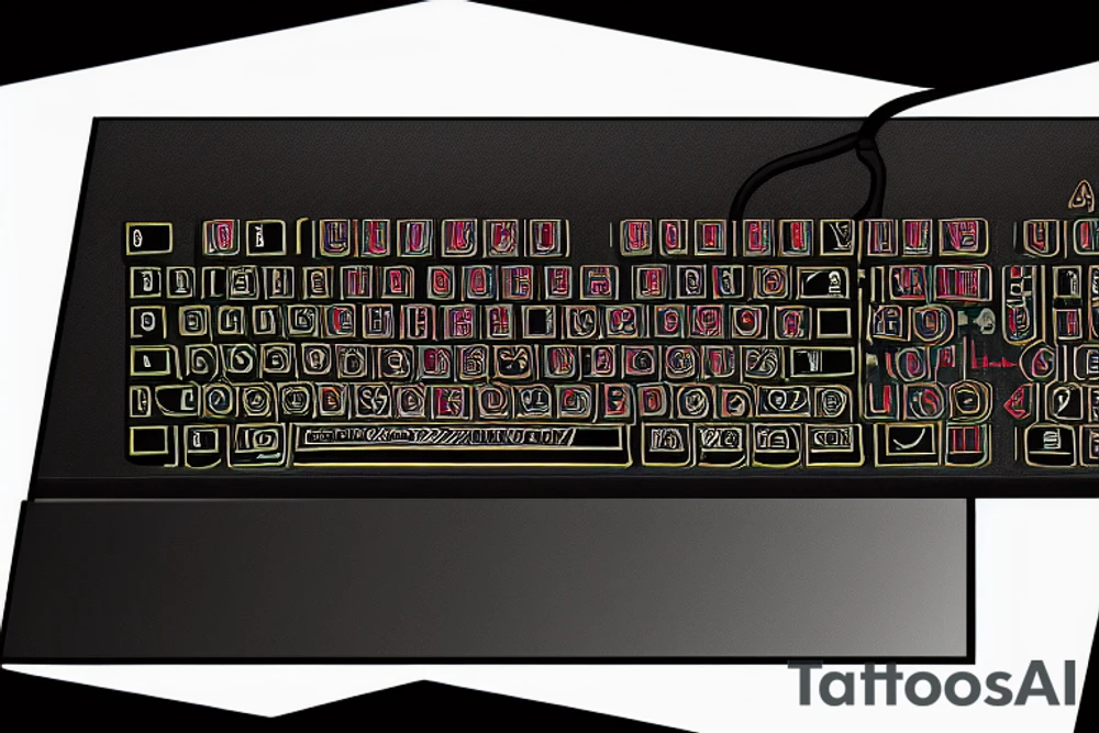 An old school computer with a mechanical keyboard. Light comes out of the screen. The screen shows a command prompt. tattoo idea