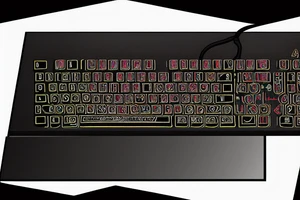 An old school computer with a mechanical keyboard. Light comes out of the screen. The screen shows a command prompt. tattoo idea