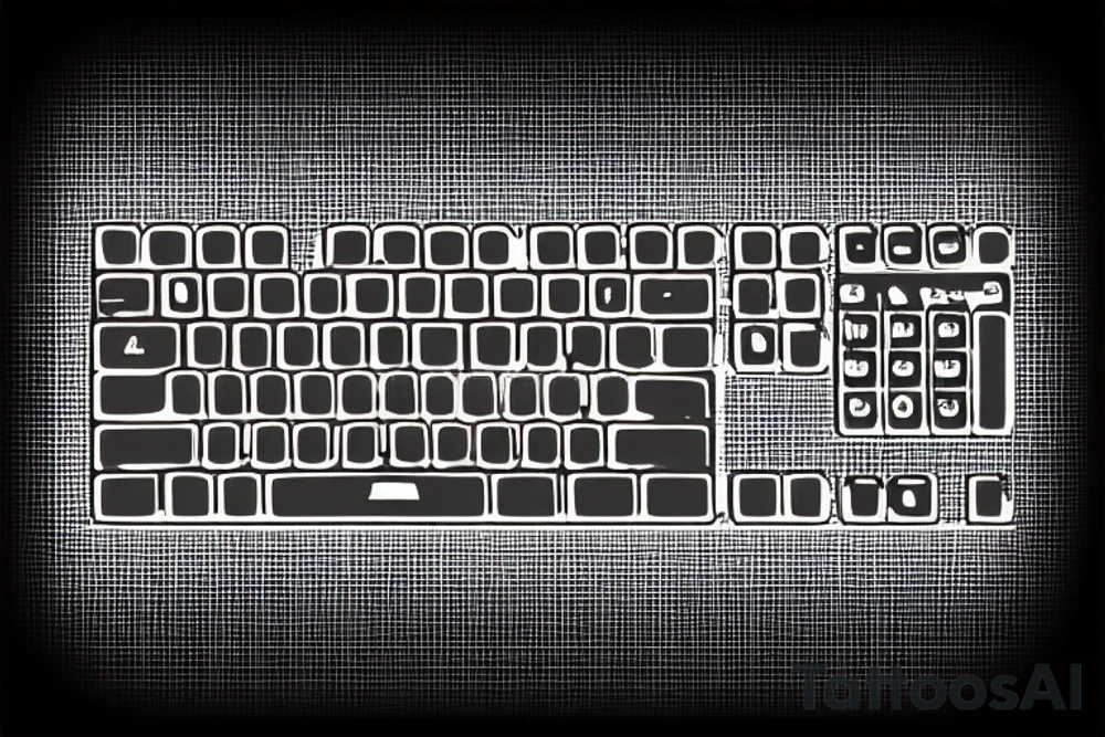 An old school computer with a mechanical keyboard. Light comes out of the screen. The screen shows a command prompt. tattoo idea