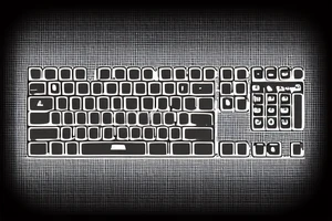 An old school computer with a mechanical keyboard. Light comes out of the screen. The screen shows a command prompt. tattoo idea