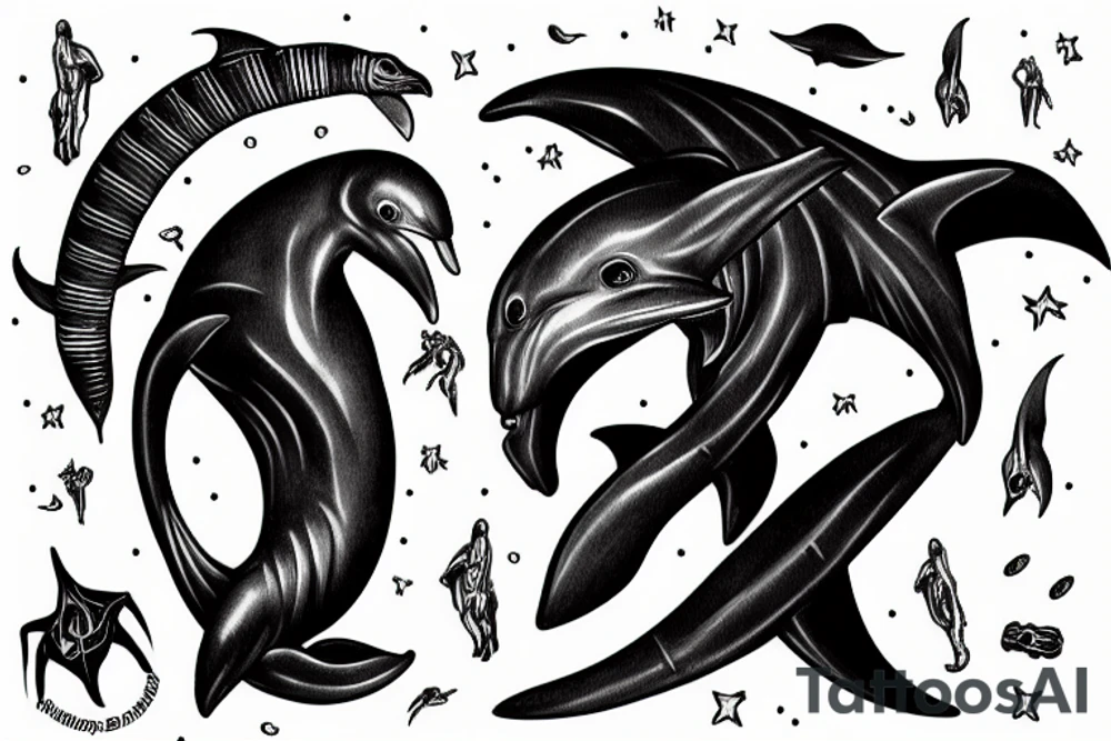 Dark Alien fighting a dolphin tattoo idea