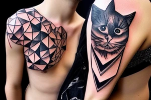 A geometric shoulder tattoo consisting out of cat heads tattoo idea