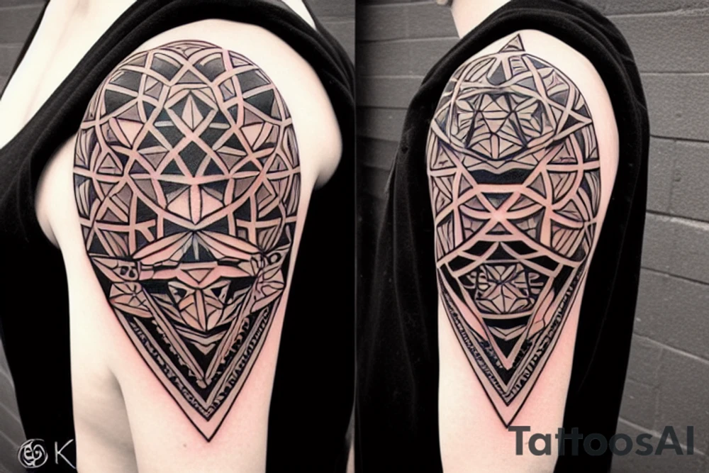 A geometric shoulder tattoo consisting out of cat heads tattoo idea