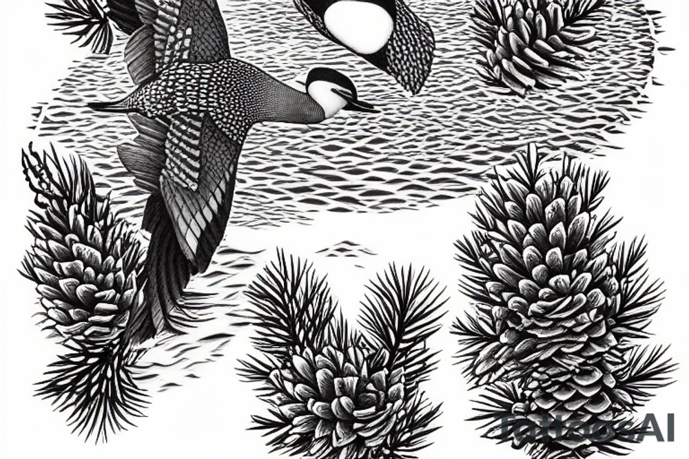 Loon flying over lake with one large pine tree and 3 pinecones in a cluster on the top left side tattoo idea