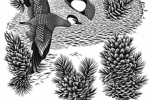 Loon flying over lake with one large pine tree and 3 pinecones in a cluster on the top left side tattoo idea
