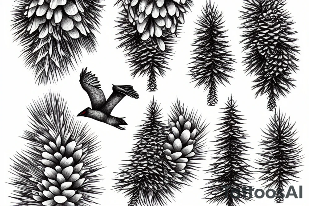 Loon flying over lake with one large pine tree and 3 pinecones in a cluster on the top left side tattoo idea