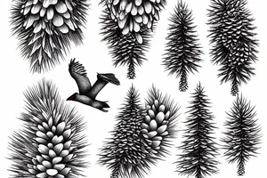 Loon flying over lake with one large pine tree and 3 pinecones in a cluster on the top left side tattoo idea