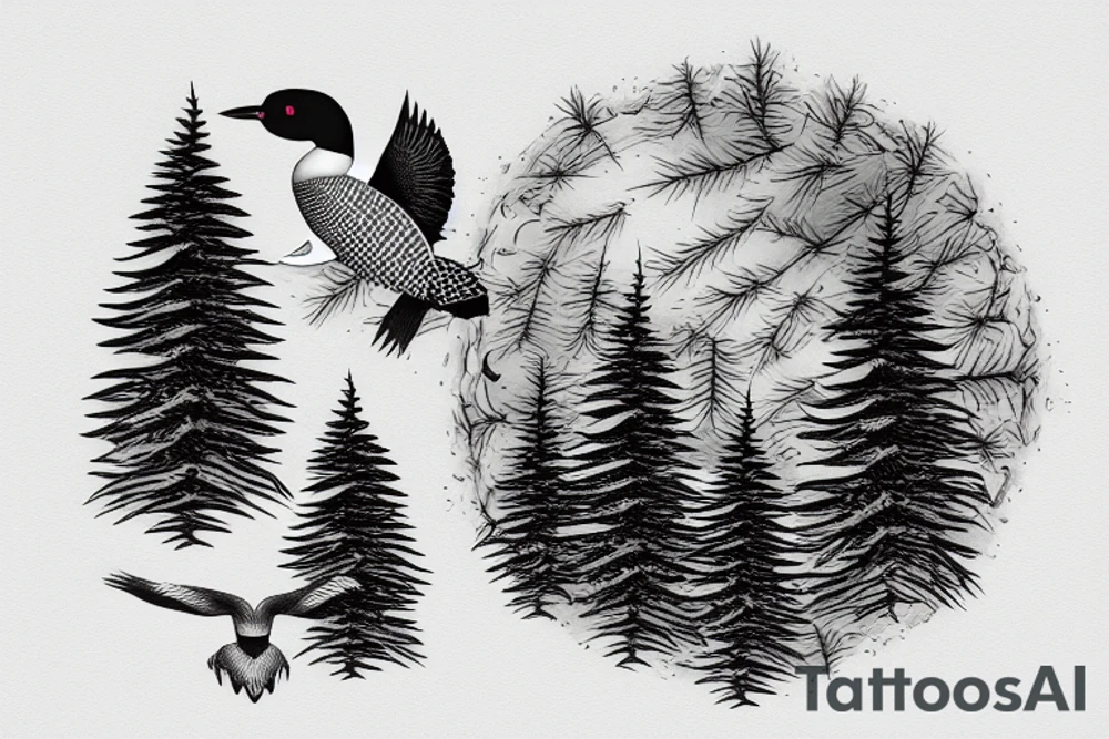 Loon flying over lake with one large pine tree and 3 pinecones in a cluster on the top left side tattoo idea