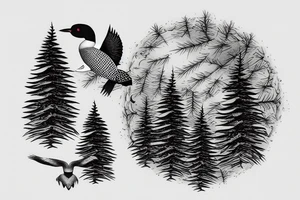 Loon flying over lake with one large pine tree and 3 pinecones in a cluster on the top left side tattoo idea