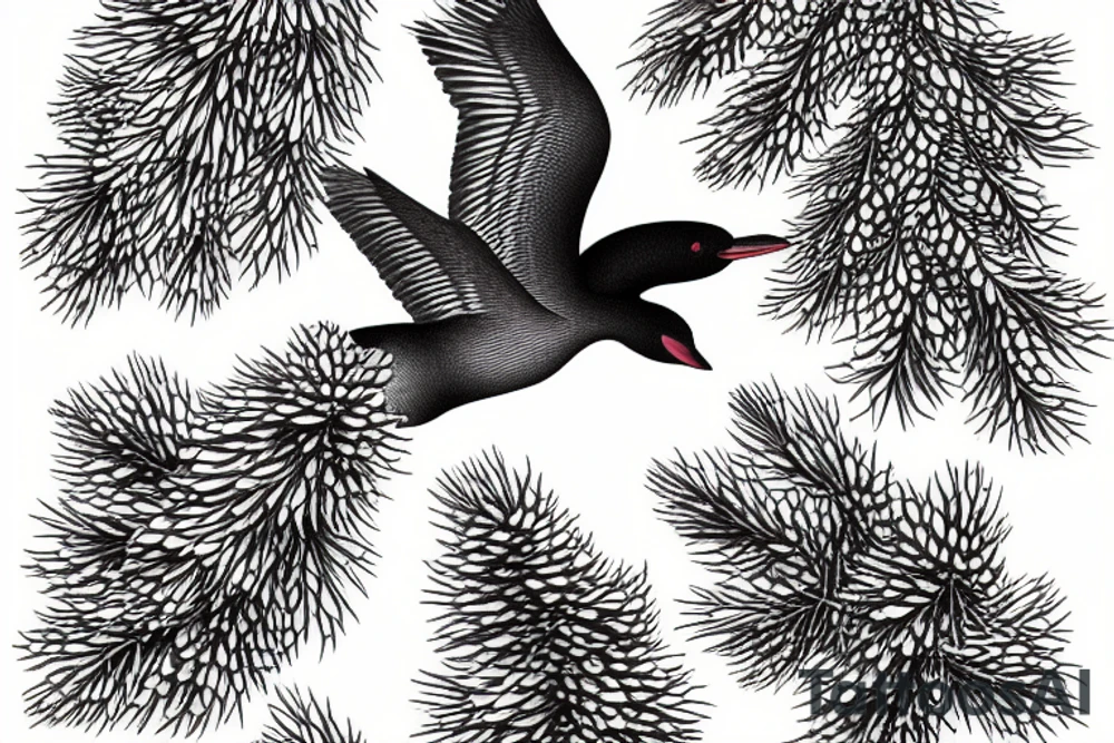 Loon flying over lake with one large pine tree and 3 pinecones in a cluster on the top left side tattoo idea