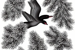 Loon flying over lake with one large pine tree and 3 pinecones in a cluster on the top left side tattoo idea