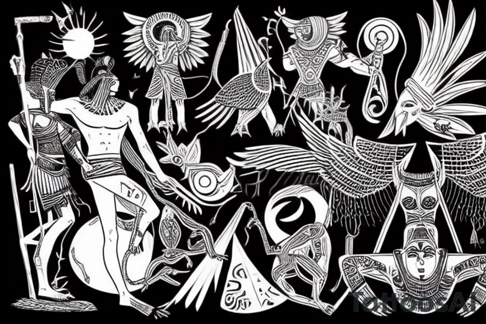 the Egyptian god of night fighting the greek god of day tattoo idea