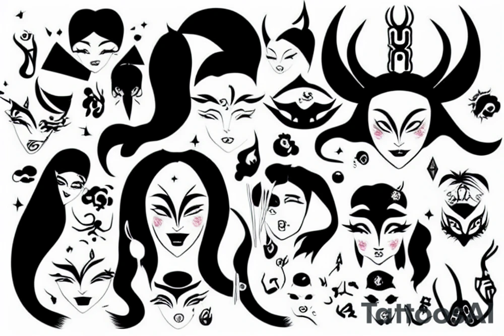 girl with horns, pointy ears, green eyes and long black hair in a chineese mask tattoo idea