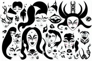 girl with horns, pointy ears, green eyes and long black hair in a chineese mask tattoo idea
